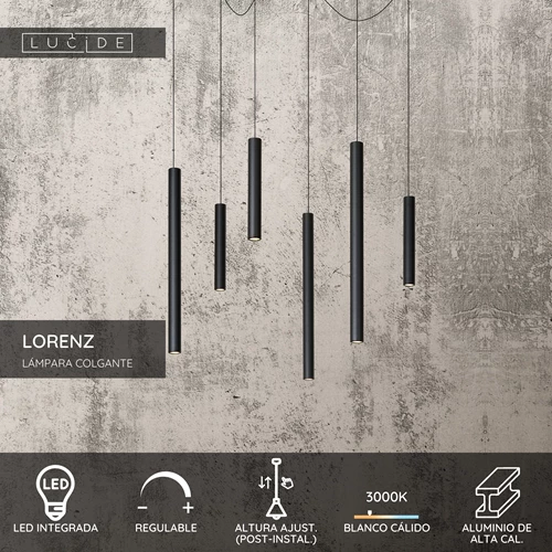 Lucide LORENZ - Lámpara colgante - Ø 120 cm - LED Regul. - 6x4W 3000K - Negro - USP